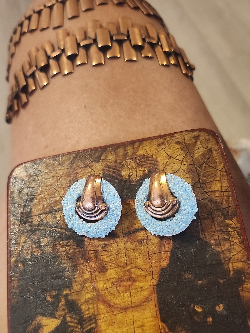 Vintage-Inspired Blue and Copper Clip Earrings